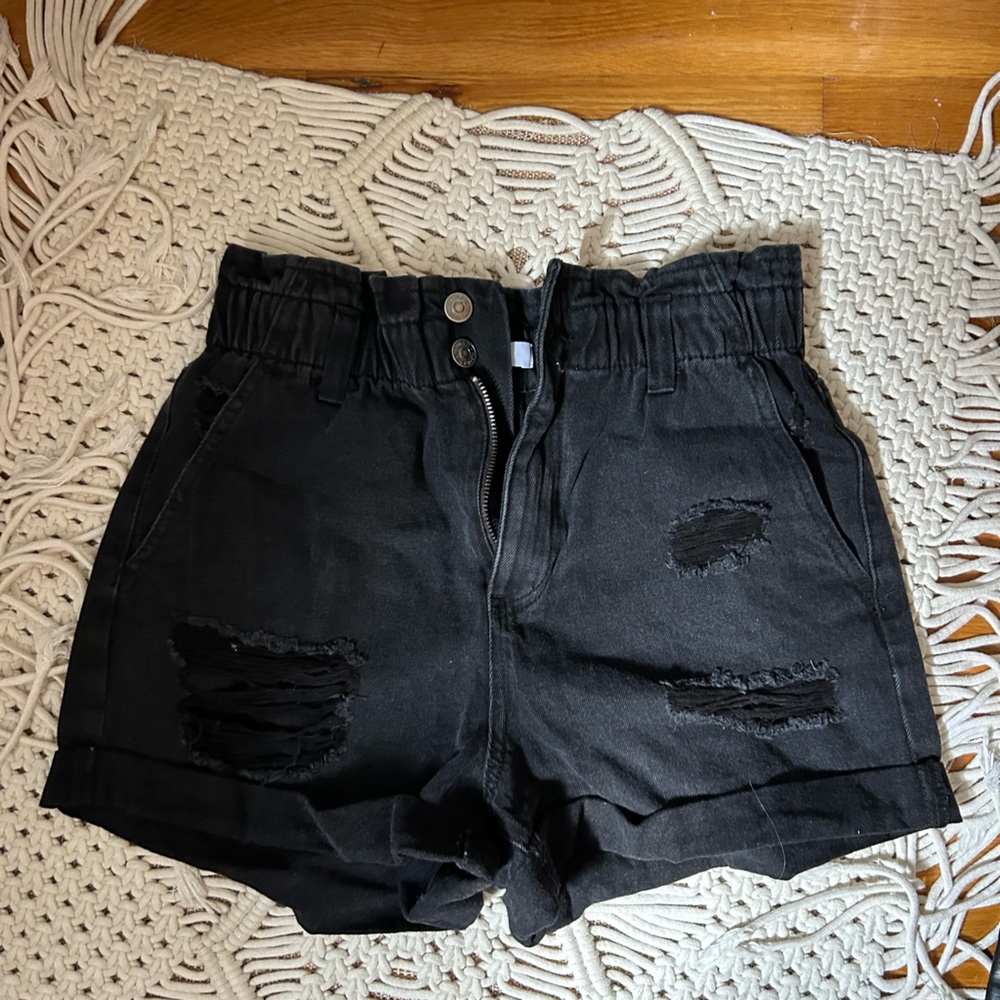 Black paper bag jean shorts